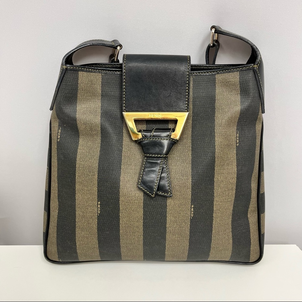 ❤️SOLD❤️ Vintage Fendi Pequin Shoulder Bag Black and Brown Striped Fabulous - Picture 3 of 13